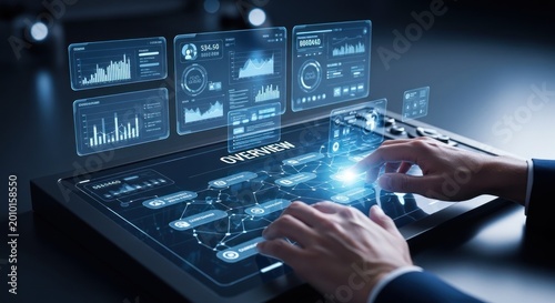 Businessman interacting with futuristic digital interface holographic data charts, for advanced business analytics, strategic planning, global connectivity corporate success
