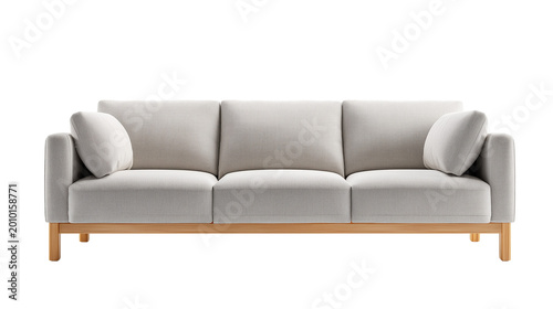 Modern Minimalist Three-Seater Light Gray Fabric Sofa with Wooden Legs PNG on Transparent Background