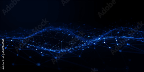 Konstfotografi Abstract Futuristic Blue Network Wave with Luminous Nodes and Digital Connection