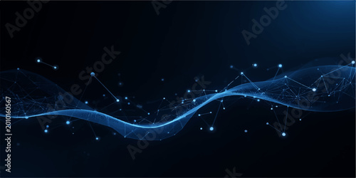 Futuristic blue digital network background with glowing nodes, dynamic wave lines, and data flow on dark surface, cyber technology, and global communication system