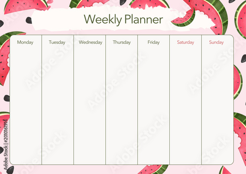 Aesthetic Weekly Planner Template with Hand-Drawn Watermelon Illustrations, Cute Summer Stationery Design for To-Do Lists and Goal Tracking