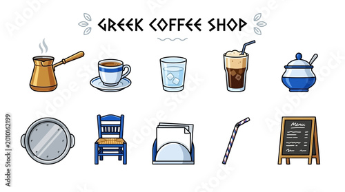 Bild auf Leinwand Collection of Greek Coffee Shop Icons and Elements.