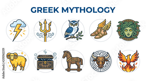 Bild auf Leinwand Collection of Greek Mythology Icons and Symbols.