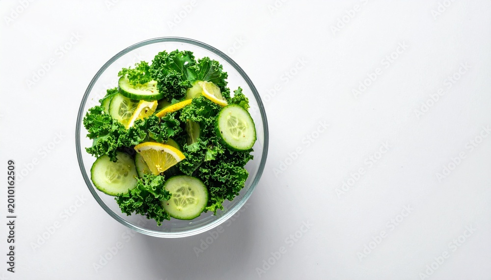 Fototapeta premium Fresh green kale and cucumber salad with lemon wedges in a clear glass bowl on a white background, top view.