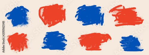 Red and blue graffiti texture stains with spray on pastel background. Urban graffiti splash for gaming and social media poster. Distressed vector texture frames with bold ink splotch set.