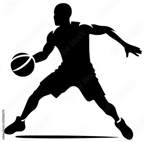  Monochrome silhouette of a basketball player dribbling in a wide defensive stance, conveying motion, athleticism, competition and energy