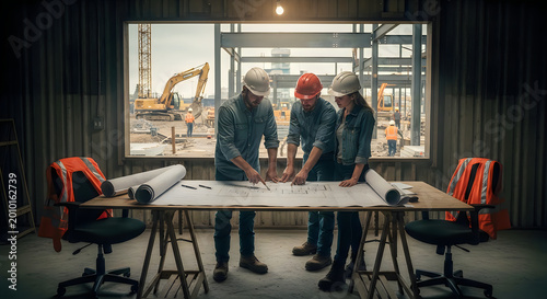Construction Team Reviewing Blueprints on Building Site