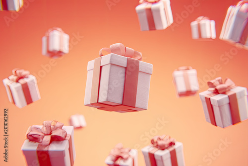 Gift boxes flying in air on coral gradient background 