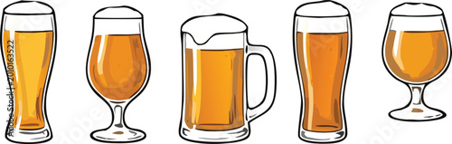 Tableau sur toile Beer glasses set with lager, ale and pint mugs, hand drawn alcoholic drink vecto