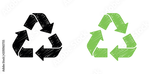 Black and green hand-drawn recycle icons featuring a sketchy texture. Isolated. Transparent background. Simple symbol vector illustration.
