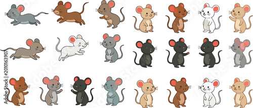 Obraz na plátně Cartoon mouse set with different poses and colors, cute rodent characters collec