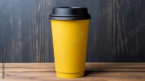 Bright yellow takeaway coffee cup on wooden surface highlighting modern beverage packaging mockup for branding cafe marketing and disposable drink concept.