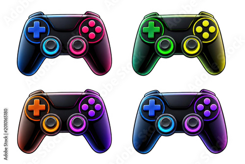 A collection of four glossy black video game controllers, each featuring illuminated buttons and analog sticks in a spectrum of neon colors, suggesting digital entertainment and esports.