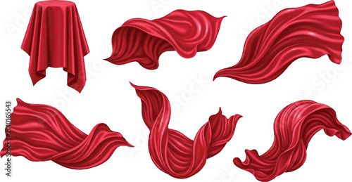 Foto Set of flowing red velvet fabric pieces and draped cloth elements isolated on wh