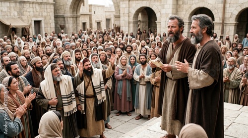 Apostle Paul and Barnabas preaching to crowd in ancient city square. Disciples teaching scripture to people. Biblical scene depicting conflict and religious persecution in ancient times.