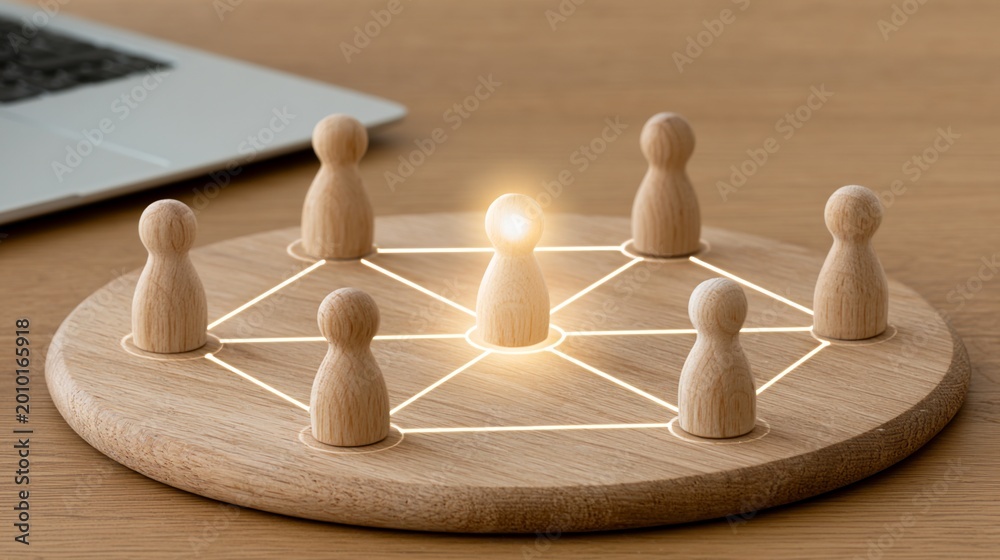 Obraz premium Wooden human figures connected by white network lines on round wooden board symbolizing teamwork communication and leadership concept in business