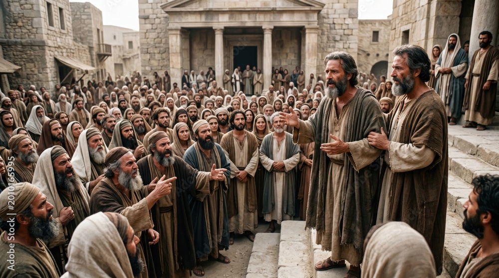 Fototapeta premium Group of ancient men arguing with apostles in biblical city square. Confrontation between religious leaders and preacher. Historical scene depicting conflict from Acts of the Apostles.
