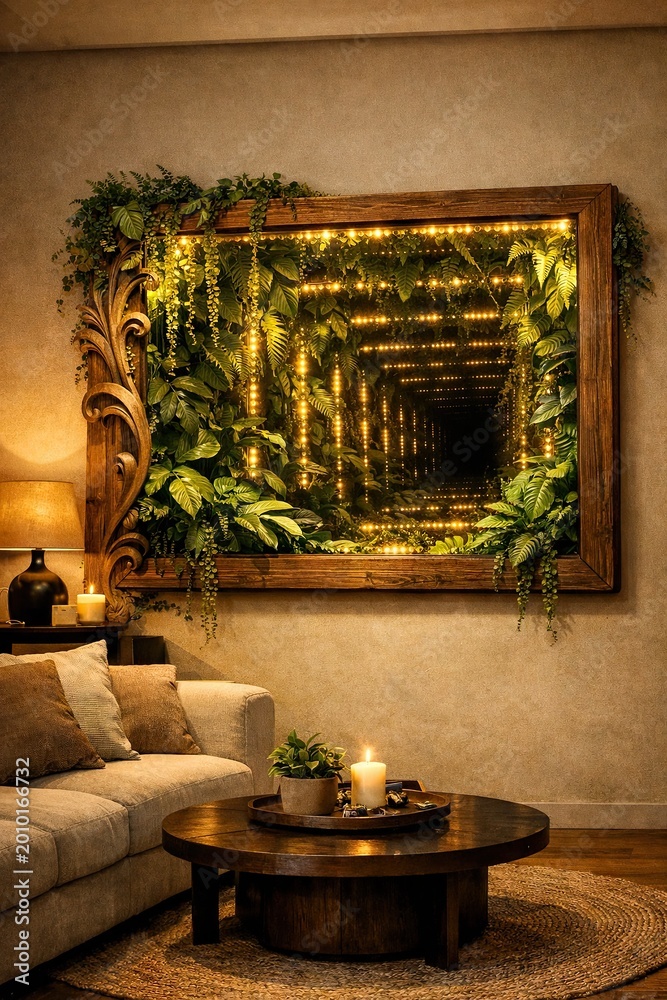 Fototapeta premium Cozy living room featuring an infinity mirror framed with lush green plants and warm interior lighting