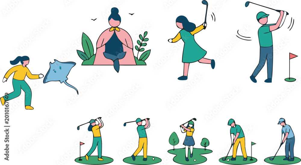 Fototapeta premium People activities and golf sport set with players swinging clubs, putting and outdoor recreation scenes, modern flat vector illustration collection for hobby and leisure design
