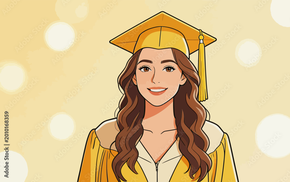 Fototapeta premium Happy Female Graduate Wearing Academic Cap and Gown