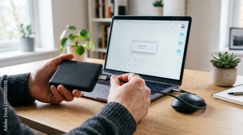 Person connecting an external hard drive to a laptop at a wooden desk