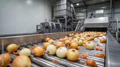 Industrial onion sorting conveyor carrying fresh onions through a modern food processing plant. Automated vegetable grading line inside stainless steel factory machinery for fresh produce processing