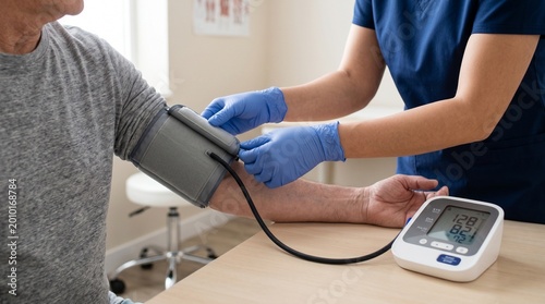 Closeup of a nurse checking a senior patients blood pressure in a clinic