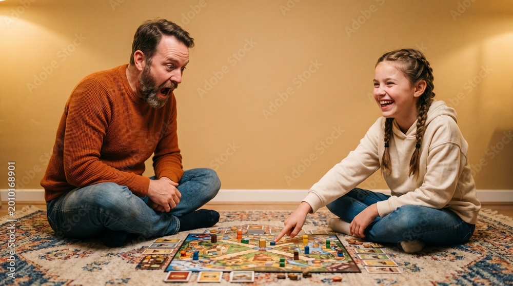 Fototapeta premium Middle-aged man and young daughter playing board game on rug, family connections