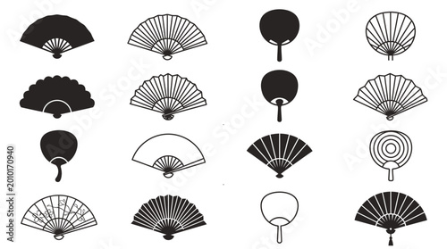 Collection of various hand fan icons and folding fan illustrations.