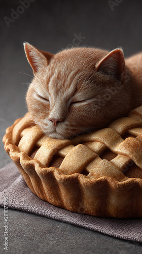 Whimsical Scene of a Sleeping Ginger Cat Resting on a Delicious Pie, Evoking Comfort and Cuteness in a Playful Culinary Fantasy