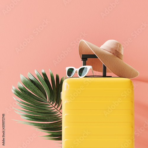 Travel luggage with beach accessories on pink background. Summer travel. 3D Rendering, 3D Illustration
