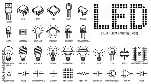 Set of electronic components and light emitting diode symbols.