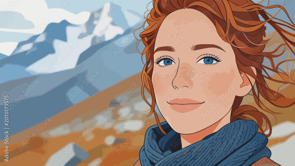 Fototapeta premium Illustration of Red-haired Woman in Mountain Outdoor Scenery