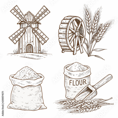 Fotografie Vintage farm illustrations windmill wheat flour sack and grain