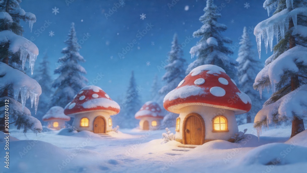 Fototapeta premium Snowy mushroom houses in forest