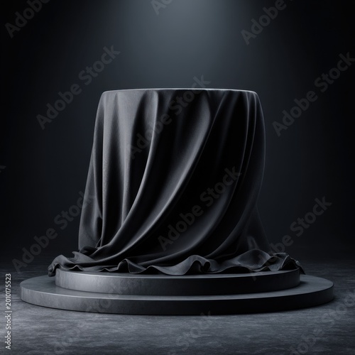 Mysterious Black Fabric Draped Over Pedestal Stage.