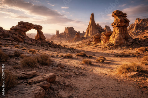 Desert Rock Arch And Sandstone Spires At Sunset