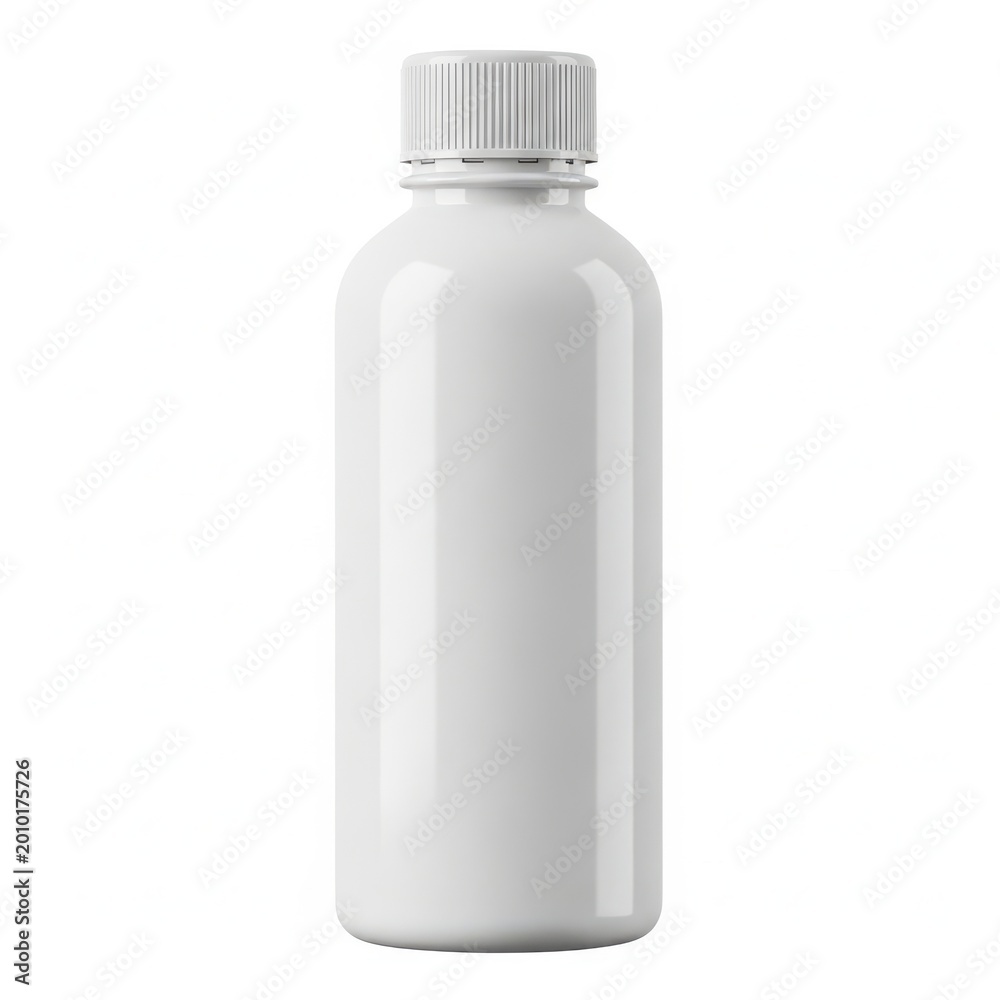 Fototapeta premium A white plastic bottle with a screw cap on a plain white background.