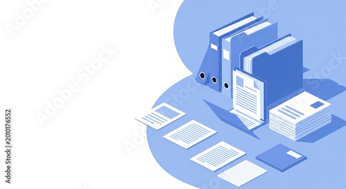 Office supplies collection in minimalist style with a calming blue color palette representing organization and productivity with copy space
