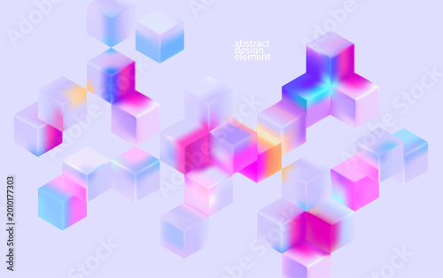 Multicolored 3D cubes. Glass iridescent geometric shape. Abstract conceptual background