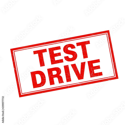 Vibrant red test drive stamp with bold white text