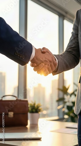 Professional business people concluding a successful agreement with a firm handshake, symbolizing partnership and corporate alliance in a modern office, city skyline background