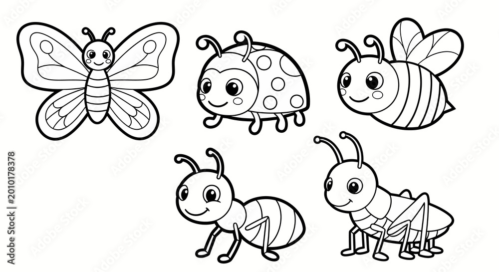 Fototapeta premium cute cartoon insects set with butterfly, ladybug, bee, ant, and grasshopper for kids coloring book