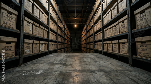 empty warehouse aisle with stacked wooden crates in dim industrial lighting