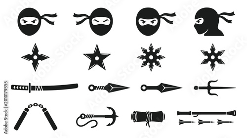 Set of monochrome ninja warrior equipment and weapon silhouettes.