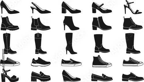 Shoe icons silhouette vector illustration featuring footwear motifs, decorative fashion designs, abstract style patterns, and modern trendy art