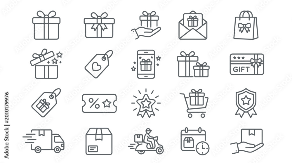 Fototapeta premium Set of thin line gift and shopping delivery icons.