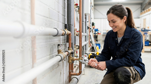 Smiling female plumber tightening a copper pipe fitting with an adjustable wrench. Professional woman in workwear repairing a plumbing system in an industrial utility room. Skilled trade business