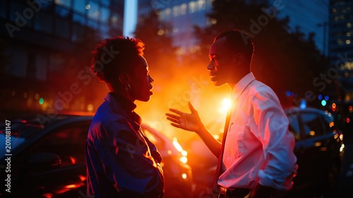 A couple argues heatedly on a city street, backlit by the glowing sun. Dramatic silhouettes and urban reflections highlight tension and cinematic artistry.