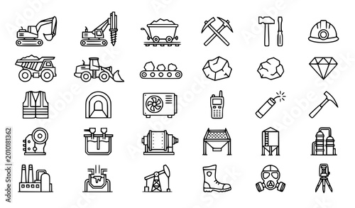 Schilderij op canvas Mining and mineral industry outline icon set with excavation tools gold diamond